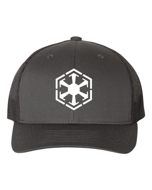 Star Force Sith Lord Dark Side Heat Pressed Grey on Black Curved Bill Hat - Adult Mesh Trucker Snap Back Cap