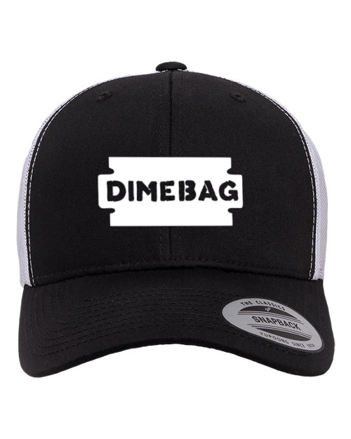Dimebag Original Raxor Darrell Heat Pressed Black on White Curved Bill Hat - Adult Mesh Trucker Snap Back Cap