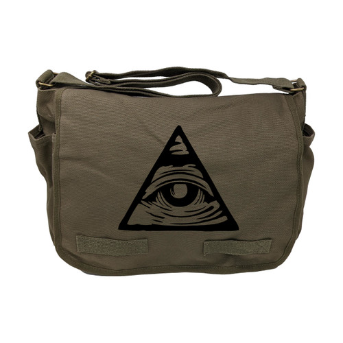 Olive Drab Cotton Canvas Military Messenger Bag 15" x 11" x 6" - Illuminati Eye