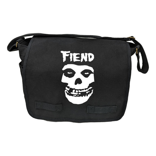 Black Cotton Canvas Military Messenger Bag 15" x 11" x 6" - Custom White Misfit Fiend Skull