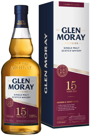 Glen Moray 15 Year Old, Speyside Single Malt Scotch Whisky. Bottle and presentation box.