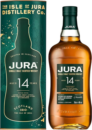 Front View of Jura 14 Year Old, Highland Single Malt Scotch Whisky. Bottle and presentation tube.