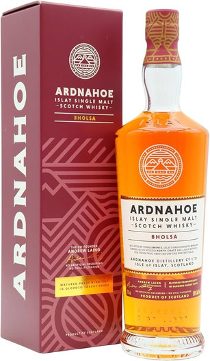 Front View of Ardnahoe Bholsa, Islay Single Malt Scotch Whisky. Bottle and presentation box.