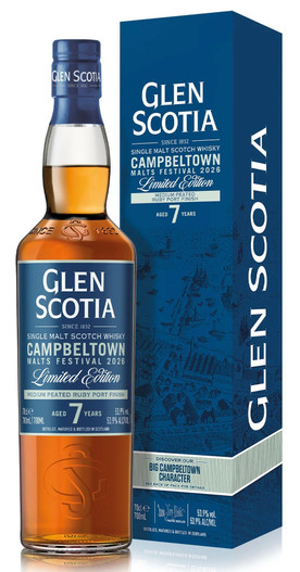 Glen Scotia Festival Release 2026, 7 Year Old Limited Edition,  Campbeltown Single Malt Scotch Whisky. Bottle and presentation box.