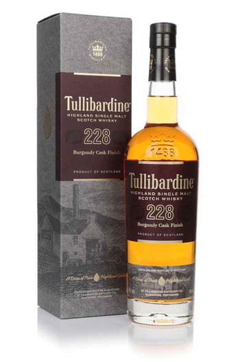 Front View of Tullibardine 228 Burgundy Finish, Highland Single Malt Scotch Whisky. Bottle and presentation box.