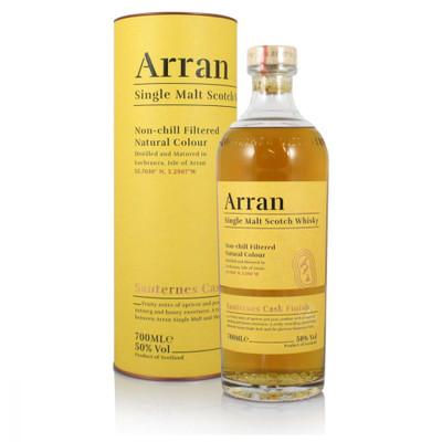 Arran Sauternes Cask Finish, Highland Single Malt Scotch Whisky. Bottle and presentation tube.