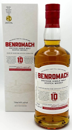 Benromach Aged 10 Years, Speyside Single Malt Scotch Whisky. Bottle with presentation box.
