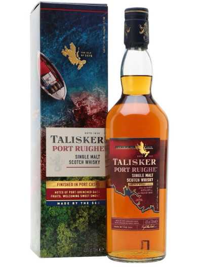 Front View of Talisker Port Ruighe, Highland Single Malt Scotch Whisky, Bottle and Presentation Box.
