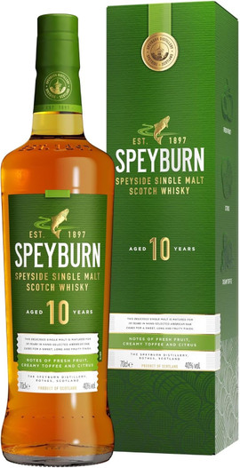 Front view of Speyburn 10 Year Old,  Speyside Single Malt Scotch Whisky. Bottle and presentation box.