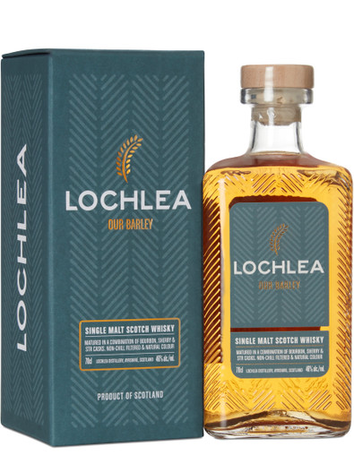 Lochlea "Our Barley" Lowland Single Malt Scotch Whisky. Bottle and presentation box.