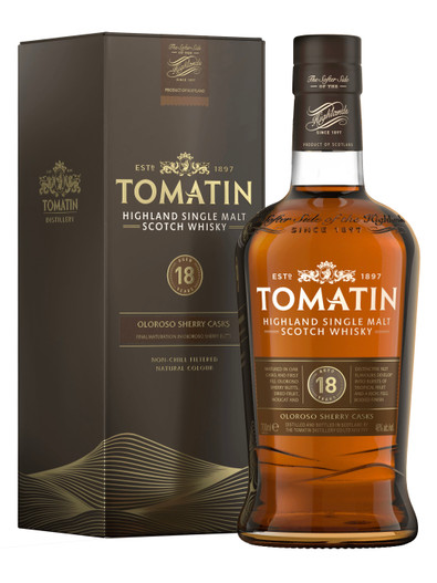 Tomatin 18 Year Old Oloroso Sherry Cask, Highland Single Malt Scotch Whisky. Bottle and presentation box.