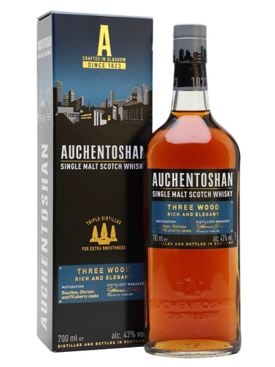 Auchentoshan Three Wood, Lowland Single Malt Scotch Whisky. Bottle and Presentation Box