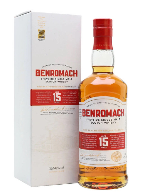 Benromach Aged 15 Years, Speyside Single Malt Scotch Whisky. Bottle and presentation Box.