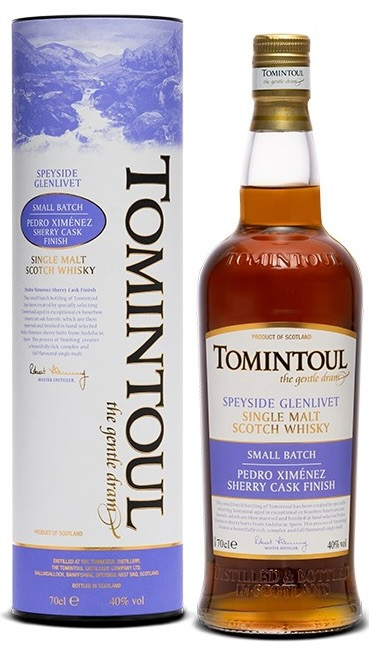 Front View of Tomintoul PX Sherry Cask Finish, Speyside Single Malt Whisky. Bottle and presentation tube.
