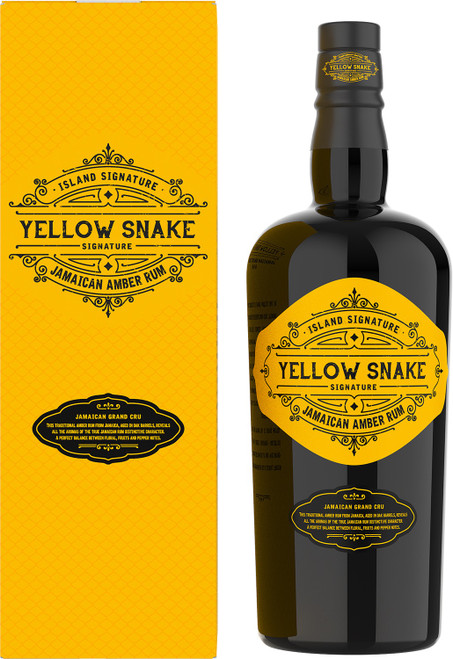 Front View of Yellow Snake Jamaican Rum. Bottle and presentation box.