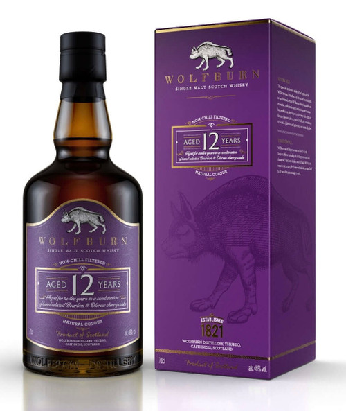 Wolfburn Aged 12 Years, Highland Single Malt Scotch Whisky. Bottle and presentation box.