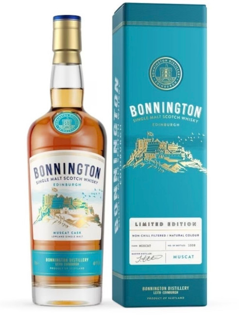 Bonnington Distillery Muscat Cask, Lowland Single Malt Scotch Whisky. Bottle and presentation box.