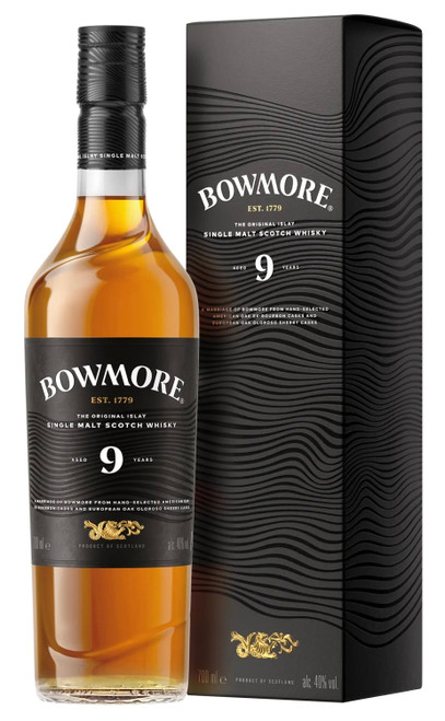 Front View of Bowmore 9 Year Old, Islay Single Malt Scotch Whisky. Bottle and presentation box.