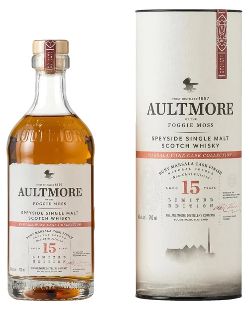 Aultmore 15 Year Old, Ruby Marsala Cask Finish, Speyside Single Malt Scotch Whisky Bottle and Presentation Tube.