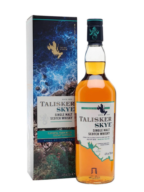 Front View of  Talisker Skye, Highland Single Malt Scotch Whisky, Bottle and Presentation Box.