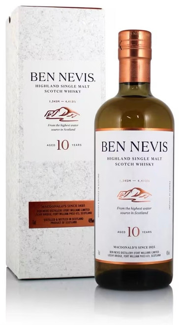 Ben Nevis Aged 10 Years, Highland Single Malt Scotch Whisky. Bottle and presentation box.