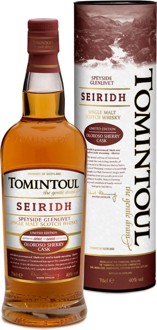 Front View of Tomintoul Seiridh, Speyside Single Malt Scotch Whisky. Bottle and presentation tube.