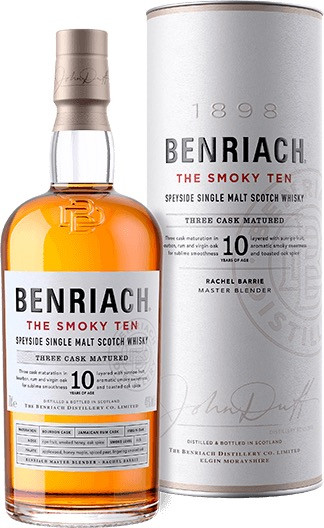 Benriach The Smoky Ten, Speyside Single Malt Scotch Whisky. Bottle and presentation tube.