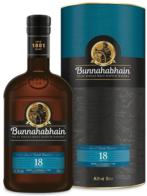 Bunnahabhain 18 Year Old Islay Single Malt Scotch Whisky. Bottle and presentation tube.