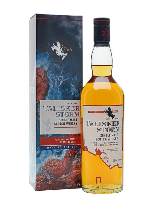 Front View of Talisker Storm, Highland Single Malt Scotch Whisky Bottle and Presentation Box