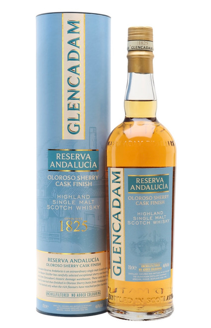 Glencadam Reserva Andalucia, Highland Single Malt Scotch Whisky. Bottle and presentation tube.