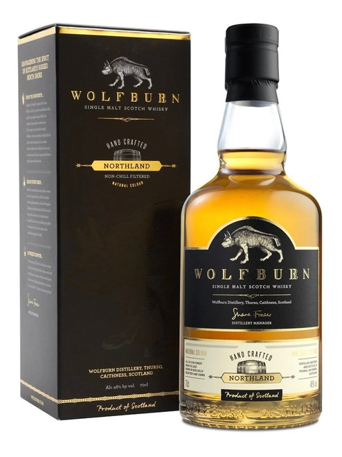 Wolfburn Northland, Highland Single Malt Scotch Whisky. Bottle and presentation box.