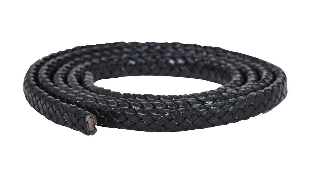 Leather cord, fine flat braided, black, wide model, 12x5mm, 25cm