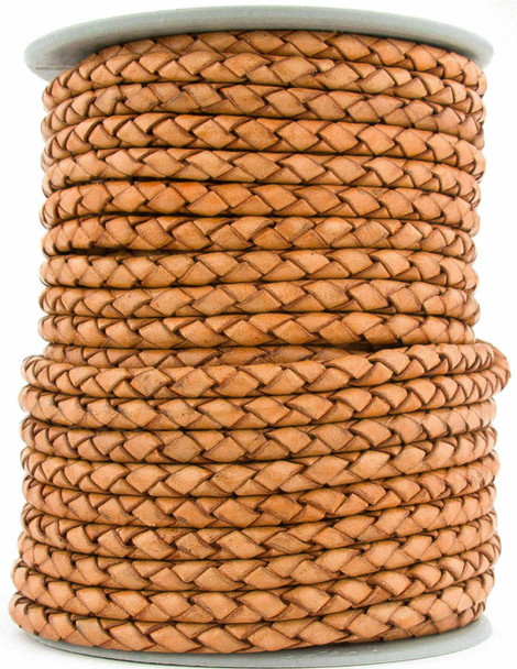 Tan Natural Dye Genuine Round Bolo Braided Leather Cord 4 mm