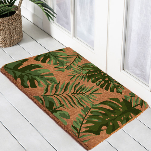 Premium Natural Coir 40mm Doormat Monstera Palm print 55x 85cm