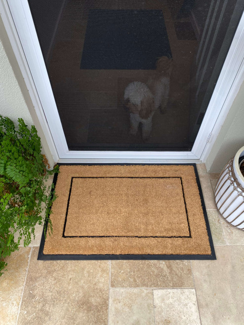 Coir mat with rubber backing and border at front door styled with plants