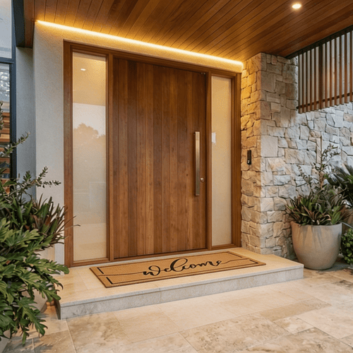 Long Welcome mat at front door of luxury home with large front door