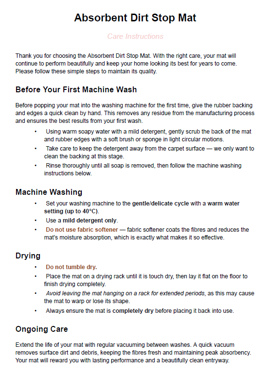 Absorbent Dirt Stop Care Instructions
