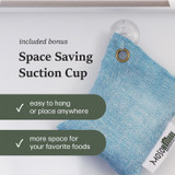 Moso Bag hanging on the inside of a refrigerator door with a suction cup. Includes suction cup