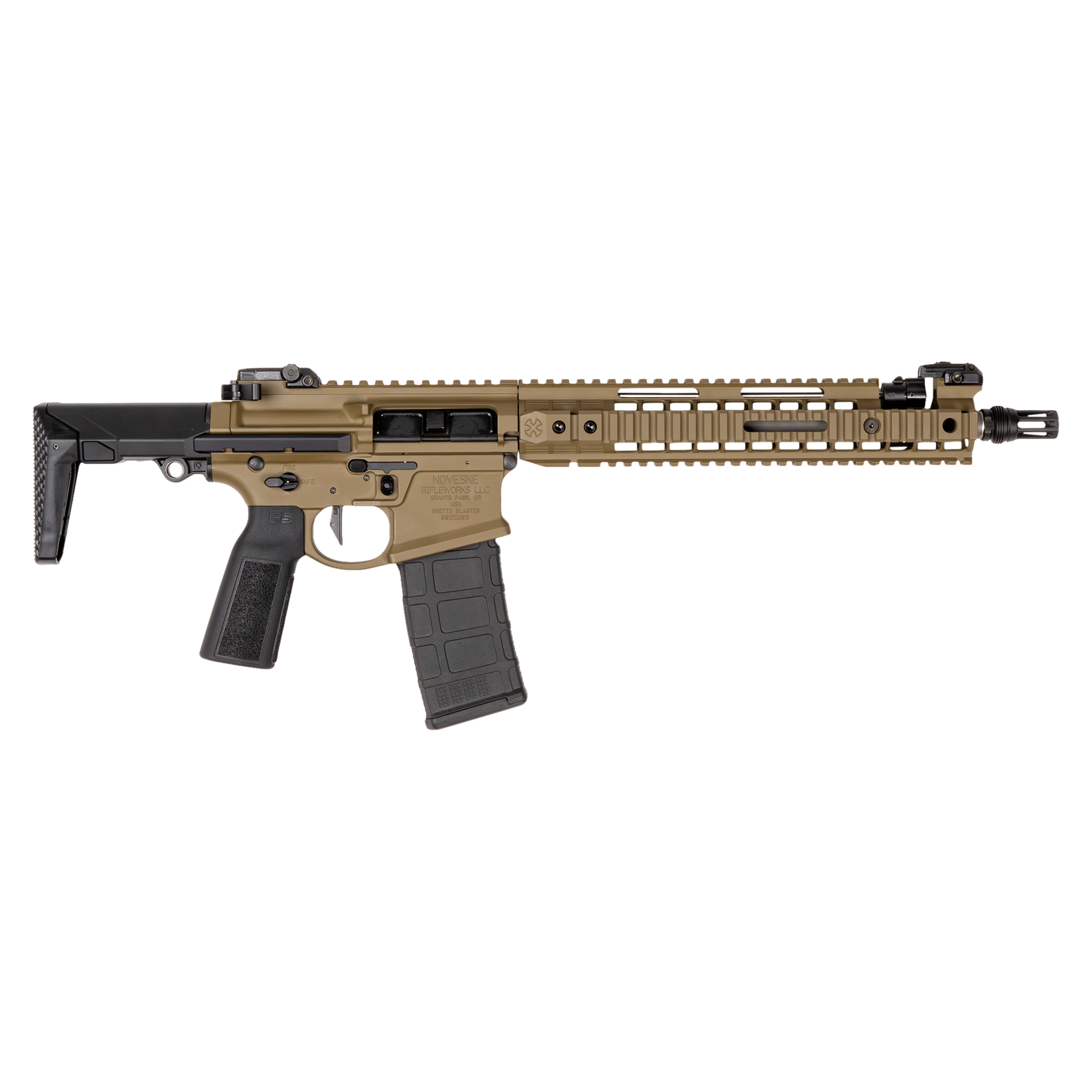 RIFLE, SBR, GEN 4, GHETTO BLASTER, 5.56, 12.5 OG SS, OG SWITCHBLOCK, GROUND TOWN CERAKOTE, SWS SPLIT QUAD RAIL, BLK LOVE HANDLE CHARGING HANDLE, Q BCG, SD-E TRIGGER, TALON SAFETY, AMBI BOLT DROP, AMBI MAG CATCH, Q STOCK ASSEMBLY, TYPE 22 GRIP , MBUS PRO SIGHTS, PIG PEN FLASH HIDER 1/2X28, WITH PACKAGING