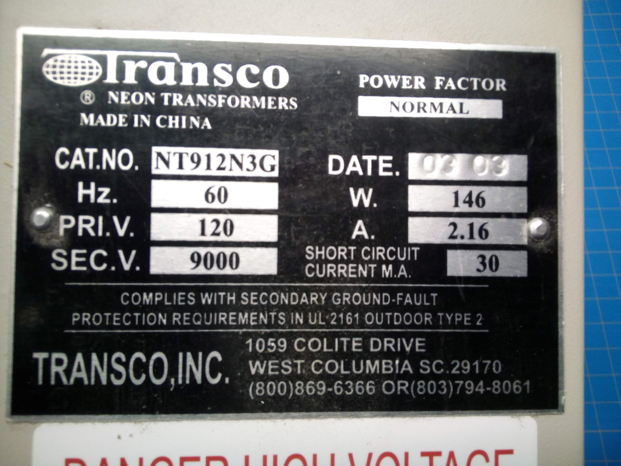 Transco Neon Transformer NT912N3G - P02-000476