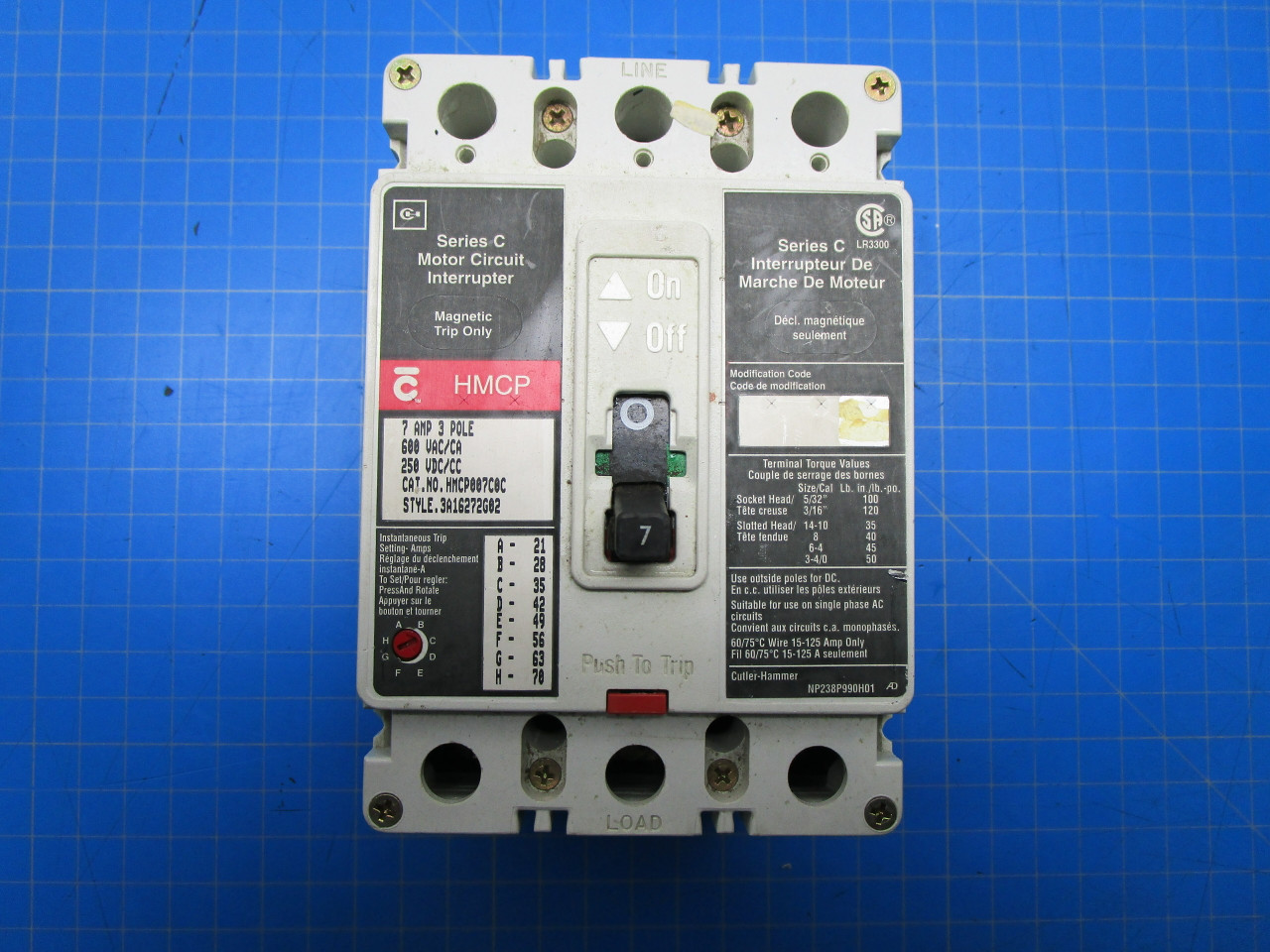 Cutler-Hammer Type HMCP 3 Pole 7 Amp 600 Volt Motor Circuit Interrupter Breaker Cat No. HMCP007C0C P02-000894