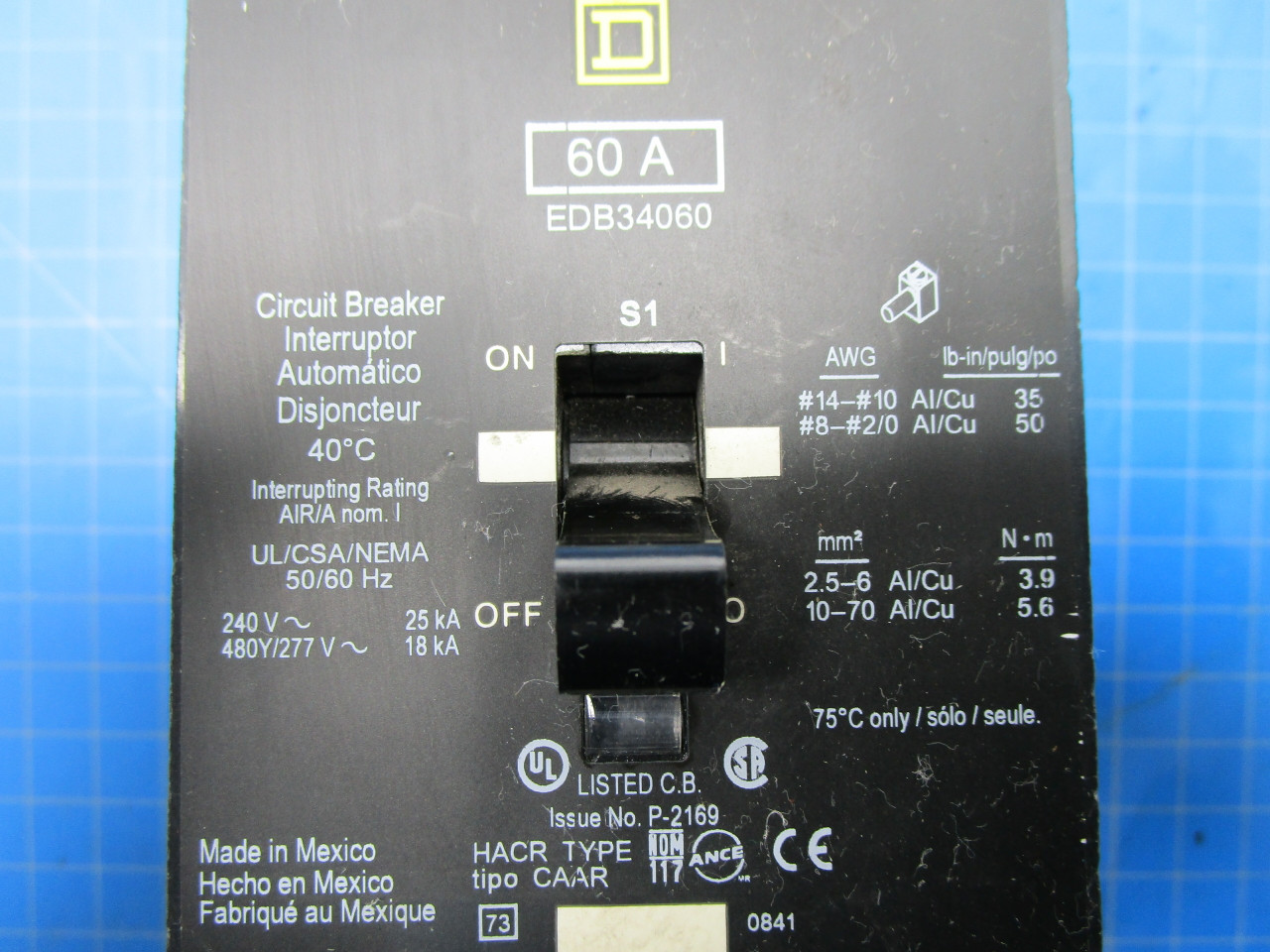 Square D Type EDB 3 Pole 60 Amp 340 Volt Interrupter Breaker P02-000897