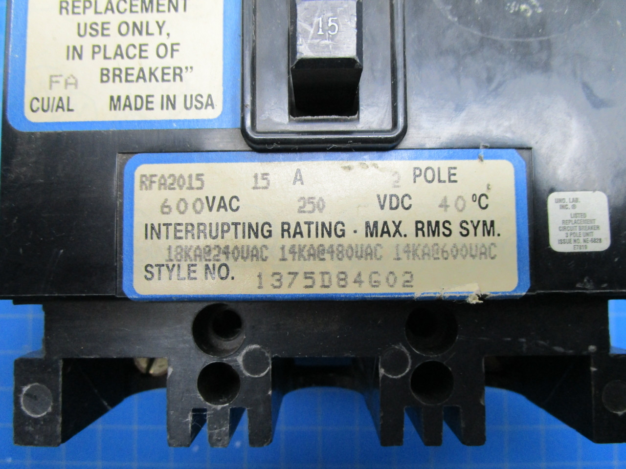 Westinghouse Type RF 2 Pole 15 Amp 20 Volt Interrupting Breaker P02-000890