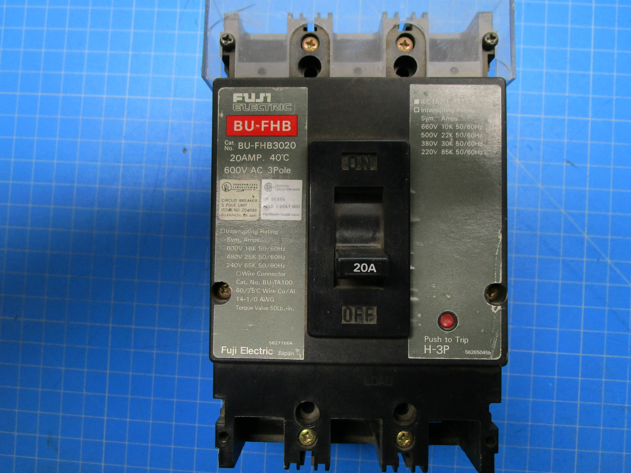 Fuji Electric Type BU-FHB 3 Pole 20 Amp 600 Volt Interrupting Circuit Breaker P02-000906