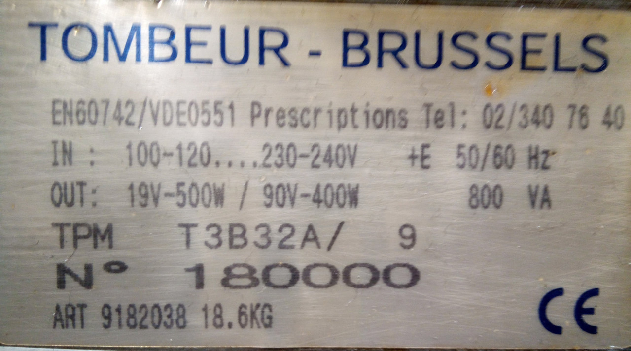 Tombeur Brussels 50/60Hz 100-120/230-240 In 19/90 Out 800VA Transformer