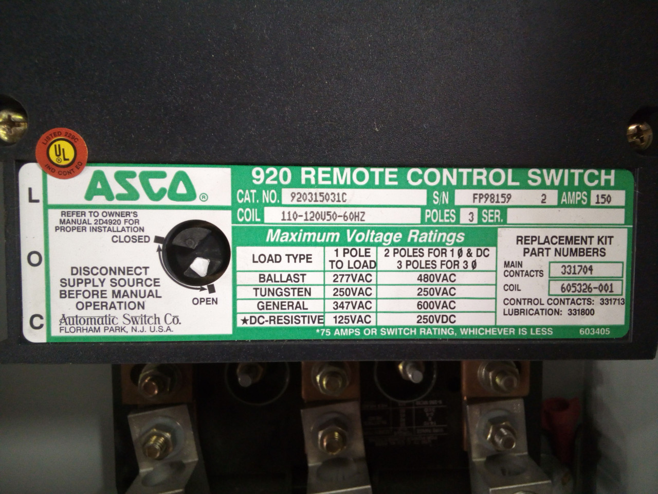 ASCO 920 Remote control Switch 3 Pole / 150 AMP mounted in Steel  Junction Box  P02-001164