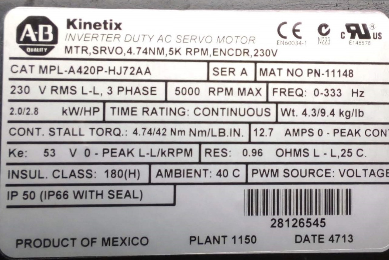Kinetix Inverter Duty AC Servo Motor MPL-A420P-HJ72AA