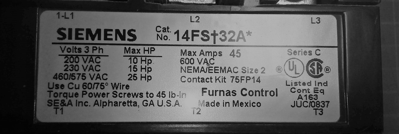Siemens Furnas  14FS+32A AC Motor Starter with Siemens Solid State Overload Relay 14FS32A120V + 48BSF3M20