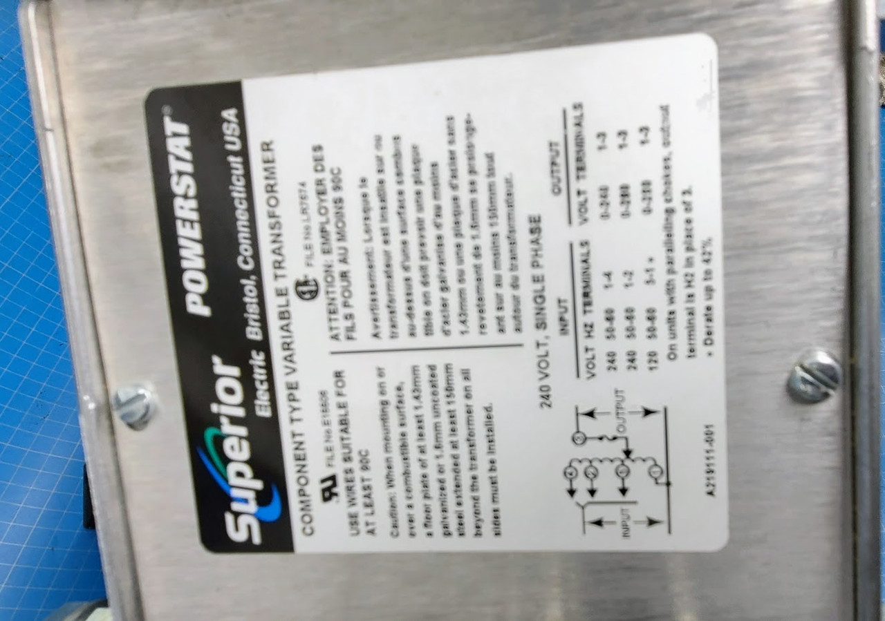 Superior Electric POWERSTAT Primary 240 VAC Secondary 280V 28A Variable