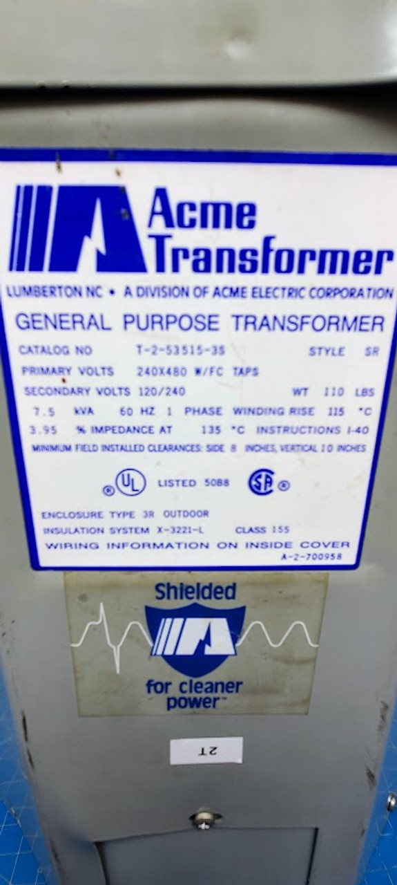 Acme Enclosed Transformer Primary 240 x 480 Secondary 120/240 7.5 kVA 1 Phase T-2-53515-35